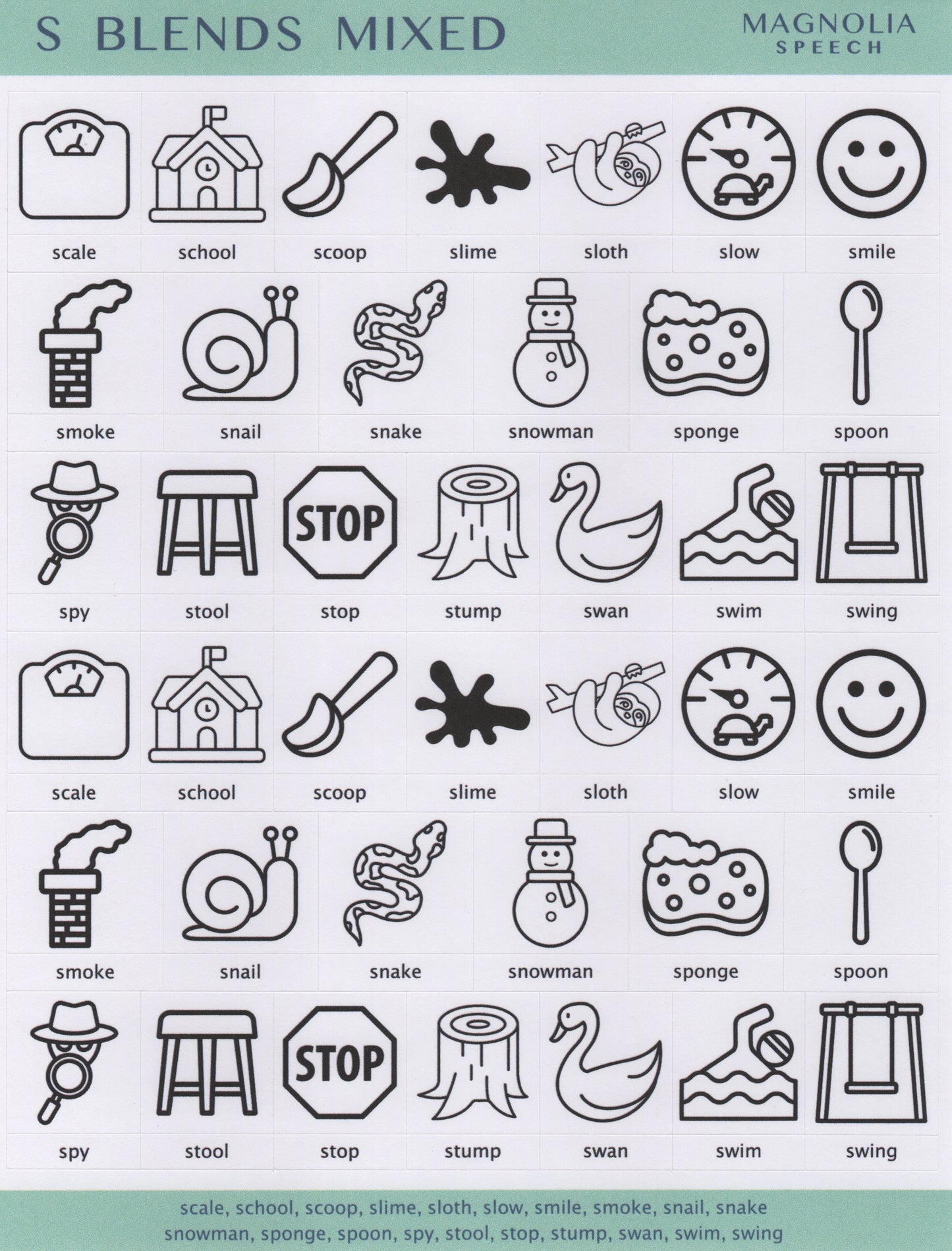 S Blends Mixed Speech Sound Stickers: Large with Print
