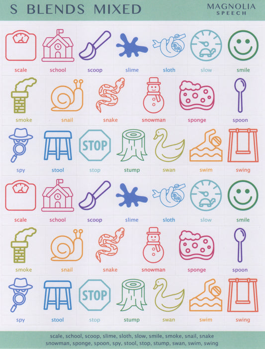 S Blends Mixed Speech Sound Stickers: Large with Print